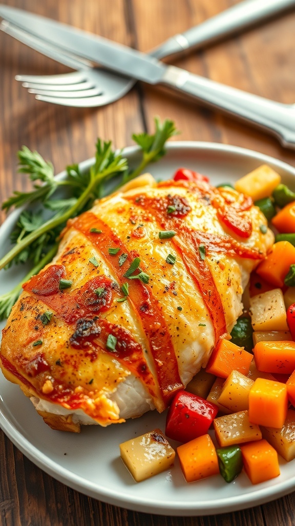 Healthy Air Fryer Chicken Dinner Recipes Crispy air fryer chicken breast garnished with herbs, served with steamed vegetables on a rustic table.